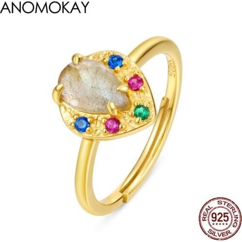 Anomokay Classic Water Drop Zircon Gold Color Women Rings Rainbow Color Heart Face 925 Sterling Silver Ring Adjustable Jewelry