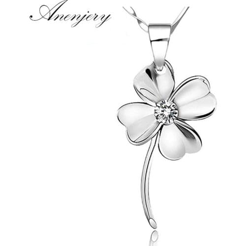 ANENJERY 925 Sterling Silver Jewelry Zircon Clover Pendant Neckace For Women Gift 45cm Chain choker collares kolye S-N130