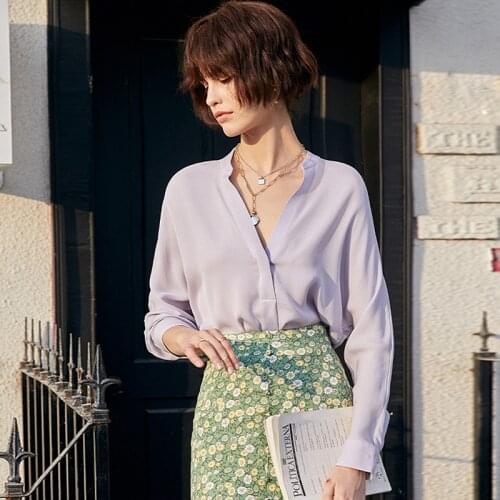 100% Silk Blouse Women Shirt Casual Style Solid V Neck Long Sleeves Pullover Elegant Office Top New Fashion