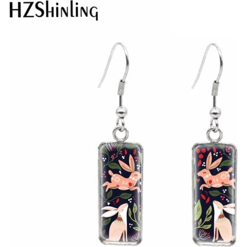 2020 scandinavian-folk Flower French Hook Rectangle Earrings Glass Cabochon Dangle Earrings Ear Jewelry