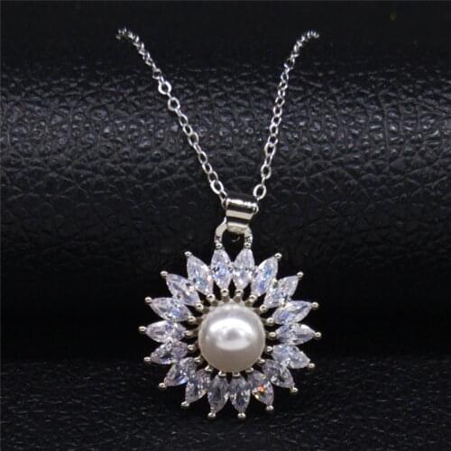 2021 New Flower Zircon Copper Imitation Pearls Necklace Women Silver Color Necklaces Pendants Jewelry cadenas mujer N20341S04