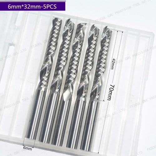 6mm*42mm-5PCS,free shipping cnc tungsten carbide single flute spiral end mill,woodworking router bit,pvc,MDF,acrylic,wood tool