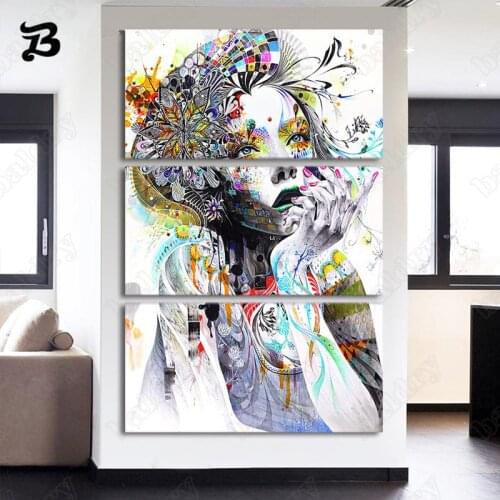 Canvas Painting 3 Piece Abstract Wall Art Watercolor Girl Face Painted Flower and Butterfly Wall Pictures for Living Room Decor