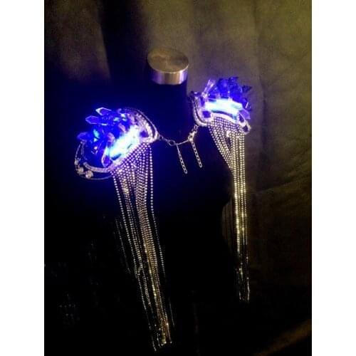 DHL Free Ballroom Blue Color Light Up Women Crystal Costume Led Luminous Fringed Epaulets Vest Nightclub Party Stage Dress Cloth