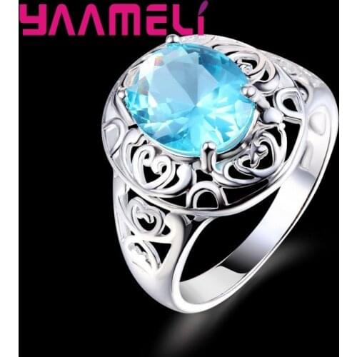 Brand 925 Sterling Silver Ring Luxury Mysterious Style Hollow Modeling With Sea Blue Crystal Stone For Women
