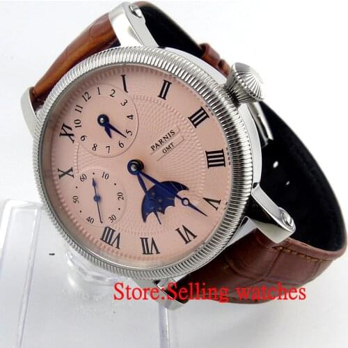 Parnis 43mm Luxury White Dial Mechanical GMT watches leather strap Hand Winding 6497 mens Watch