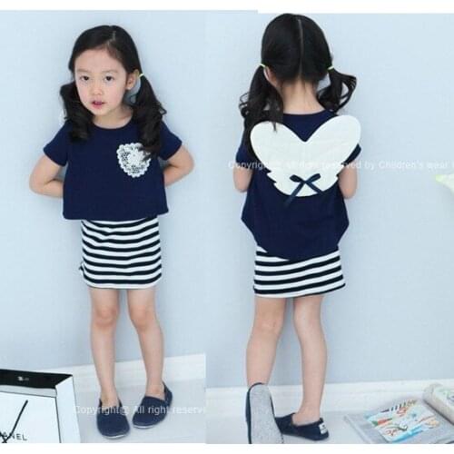 Kids summer paragraph girls angel wings striped dress two - piece children' s cotton short - sleeved vest dress 2 4 5 6 7
