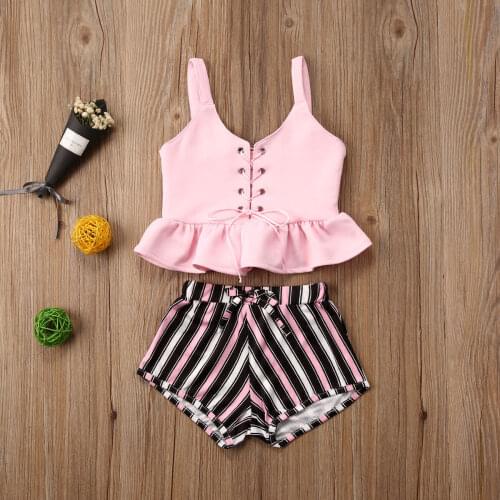 Toddler Kids Girl Clothes Summer Pink Vest V Neck Bandage Tops Striped Short Pants 2Pcs Outfits Fashion Children Clothes 2-6Y