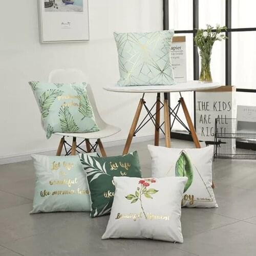 Home Decorative Tropical Leaves Pillow Cover Soft Gold Foil Green/Gold English Letter Cushion Cover For Sofa Bed 43x43cm Zip