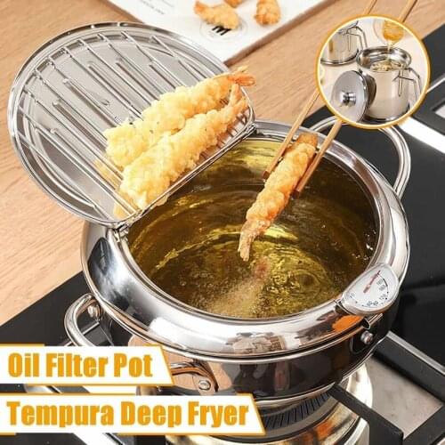 304 Stainless Steel Deep Frying Pot Kitchen Tempura Fryer Pan with Lid and Thermometer Japanese Style Frying Pot Dropshipping