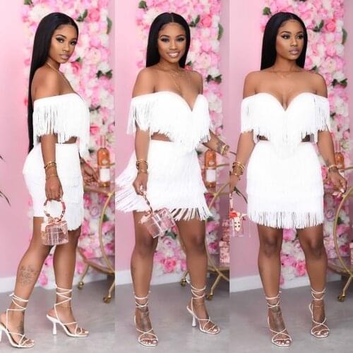 Two Piece Set Women Skirt Tassel Solid White V-Neck Short Sexy & Club Summer Outfits for Women 2021 Above Knee, Mini Dress Sets