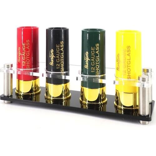 Hot Sell 12 Gauge Shotgun Shell Shot Glasses Set of 4 with with Acrylic Cup Holder Service Tray Rifle Outdoor Gift for Shooter