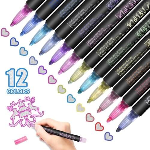 Double Line Markers Glitter Outline Pens 12 Colors Metallic Markers for Kids Adult Painting & Drawing Art Signature Journaling