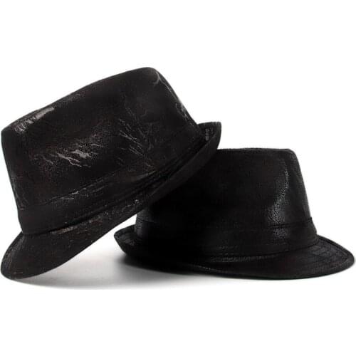Retro Men Leather Fedora Hat For Dad Jazz Hat Boater Flat Top Hat For Gentleman Bowler Porkpie Hat Size 58CM