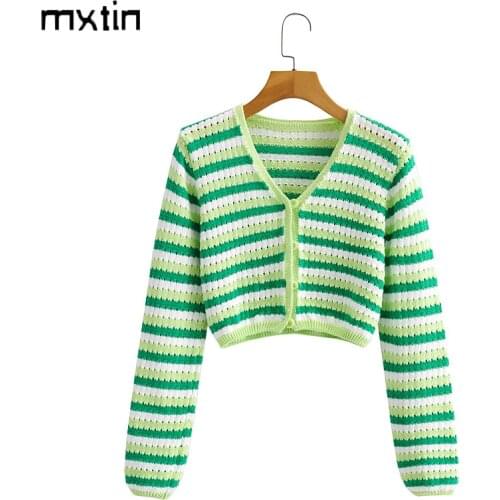MXTIN 2021 Women Autumn Fashion Stripes Cardigan Knitted Sweater Vintage V Neck Long Sleeve Hollow Out Female Casual Outerwear