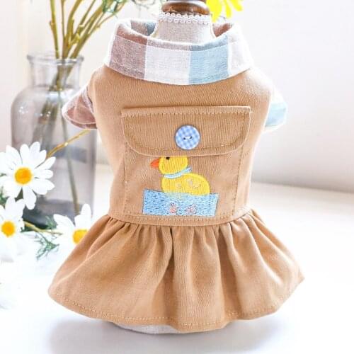 Pet Cat Clothes Dog Skirts Spring Autumn Duck Embroidery Two Legs Ladies Dog Dresses For Small Dogs Clothes Big Pocket Cat Coats