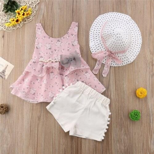 2-7Y Princess Cute Summer Holiday Clothes Sets Toddler Girls 3PCS Sleeveless Floral Print Dress Tops+Shorts+Hats Outfit
