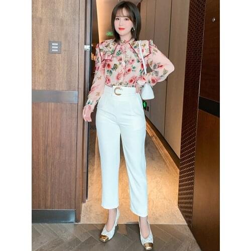 High quality Stitched lapel ear Print Shirt+Solid high waist commuter suit for women 2021 summer