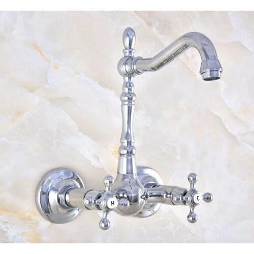 Modern Polished Chrome Brass Wall Mounted Bathroom Basin Kitchen Sink Faucet Swivel Spout Mixer Tap Dual Cross Handles anf582