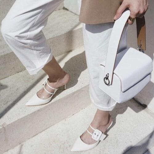 Three ways to wear 2020 new high heel womens shoes white pointed toe fine temperament semi-slippers leather mules summer sandal