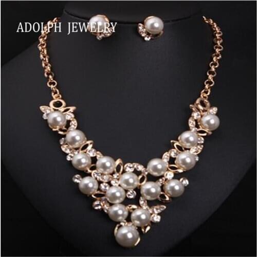 ADOLPH Jewelry 2015 New Design Fashion Pearl Rhinestone Choker Statement Necklace For Women Popular Maxi Necklace With Earrings