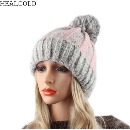 2018 Woman Beanies Striped Knitted Warm Hat Winter Cap For Women Girls Pompon Hat Outdoor Casual Female Caps Skullies