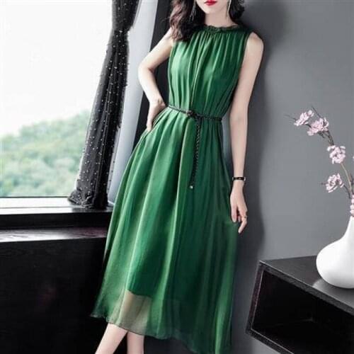 Women Dress Chiffon Sleeveless High Waist Belt Slim A-line Simple Pink Green Purple Blue Holiday Vestidos Sukienki Robe 4XL 235
