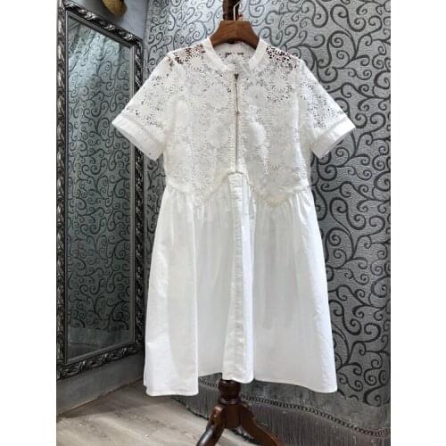 2021 Spring Summer Hot Sale Dress High Quality Ladies Crochet Lace Patchwork Short Sleeve White Pink Dark Blue Cotton Dress Chic