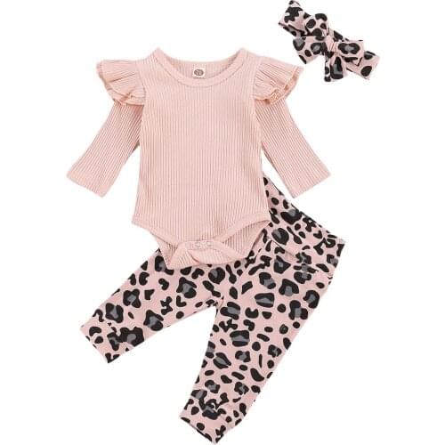 New 3Pcs Toddler Girls Ruffles Long Sleeve Romper+ Leopard Pants+ Headband Letter Print Spring Costume
