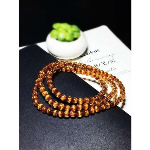 6.5mm Natural Copper Rutilated Quartz Crystal Beads Wealthy Bracelet AAAA 3 laps