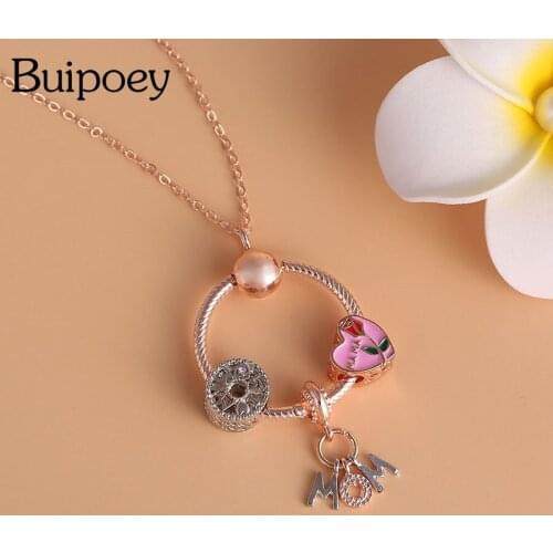 Buipoey New Rose Heart Beaded MOM Pendant Necklace Flower Dangle Charm Necklace For Women Original Fine Girl Collar Jewelry Gift