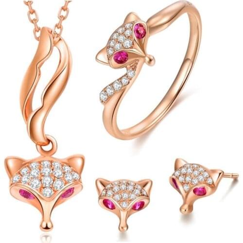 Everoyal Vintage Zircon Fox Earrings Jewelry Sets For Women Gift Trendy Lady Rose Gold Necklace Rings Accessories Girl Birthday
