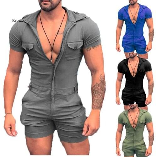 Summer Men Slim Shorts Playsuit Fashion Solid Short Sleeve Zipper Lapel Jumpsuit Overalls New Casual Streetwear Mens Romper