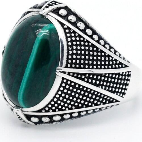 Malachite Stone Ring for Men 925 Sterling Silver Natural Oval Green Gemstone Rings for Male Women Vintage Turkish Luck Jewelry