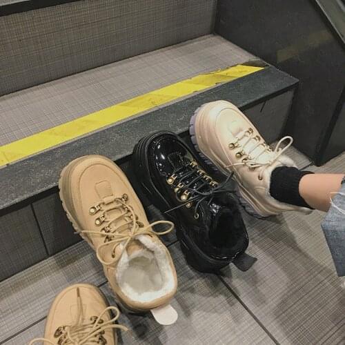 New thick-soled lace-up casual shoes winter warmth and velvet trend ladies thick-soled increased single shoes platform shoes