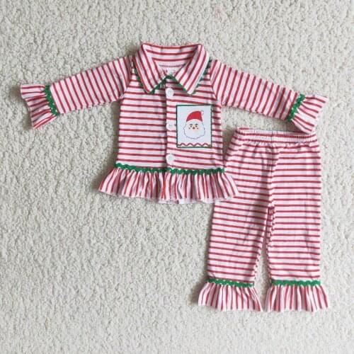 Girls pajamas striped sleepwear embroidery Christmas clothes girls with buttons children clothing suit
