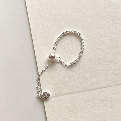 Simple 925 Sterling Silver Shiny Chain Rings For Women Accessories, Cute Adjustable Ring Girl Mini Heart Pendant Jewelry 2021