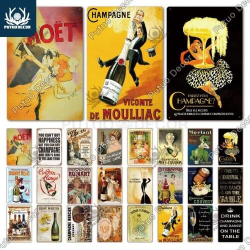Putuo Decor Champagne Plaque Metal Vintage Metal Tin Sign Metal Poster Wall Decoration for Man Cave Bar Pub Club Iron Painting