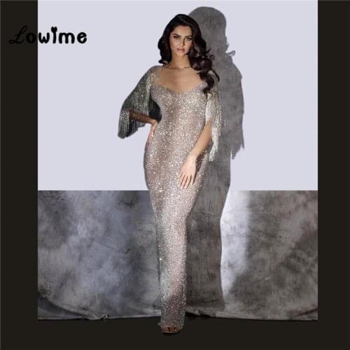 Silver Beading Handmade Beaded Arabic Dress Half Sleeves Floor Length Party Dress For Weddings Robe De Soiree 2018 Evening Gown