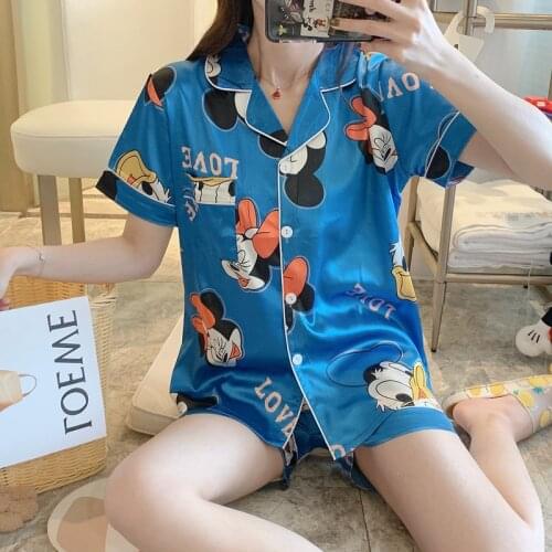 Mickey Mouse Silk Pajamas Womens Summer Short Sleeve Silk Sexy Cardigan Womens Pajamas Ice Silk Large Size Home Suit Nightwear