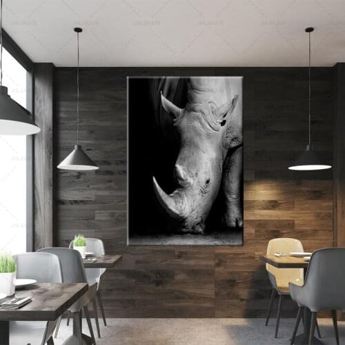 Modern Minimalist Close Up White Rhinoceros Black White Poster Canvas Painting Wall Art Print Picture Home Living Room Decor