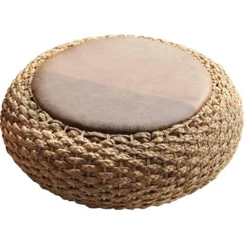 Modern Knitted Round Pouf Ottoman Stool PU Leather Seat Pad Floor Yoga Meditation Cushion Straw Rusitc Tatami Pouf Furniture