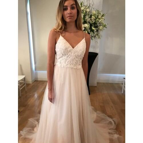 MYYBLE Vestido De Noiva Boho Wedding Dresses 2021 V-Neck Tulle with Appliques Beach Wedding Gowns Spaghetti Straps Bridal Gown