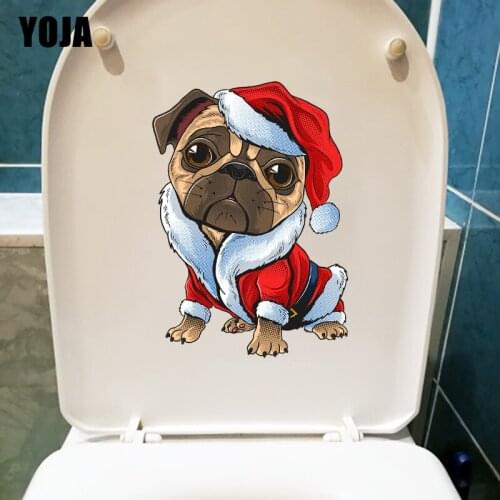 YOJA 18.2×25.4CM Purebred Christmas Pug Cartoon Home Bedroom Wall Stickers WC Toilet Decoration T1-3138