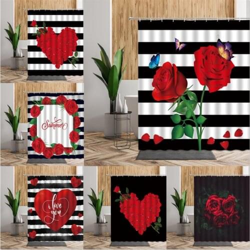 Red Rose Flower Shower Curtain Set Black And White Stripes Valentines Day Bathroom Decor 3D Waterproof Backdrop Fabric Curtains