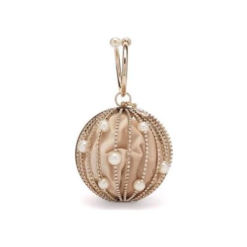 Designer Fashion Women Pearl Beaded Crystal Party Evening Bag Bridal Wedding Round Ball Wrist Bag Round Clutch Purse Handbag