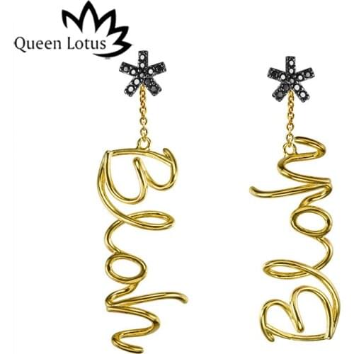 Queen Lotus New Punk Letter Design Long Drop Earrings Hollow Exaggerated Personality Silver/Gold Earrings For Women