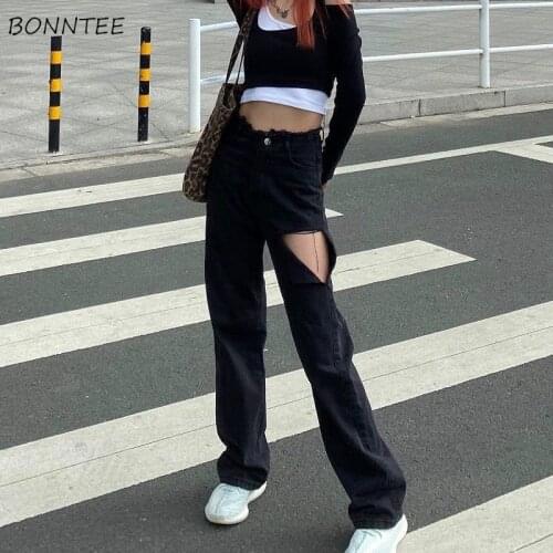 Hole Jeans Women Do-old Sexy Retro Streetwear BF Style Fashion High-waist Summer Pockets Mujer Casual All-match Soft Zipper-fly