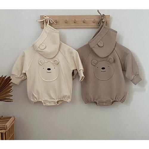 2021 New Baby Boy Cartoon Bear Bodysuit With Cute Bear Ear Hat 2pcs Suit Autumn Infant Long Sleeve Jumpsuit Toddler Outfits