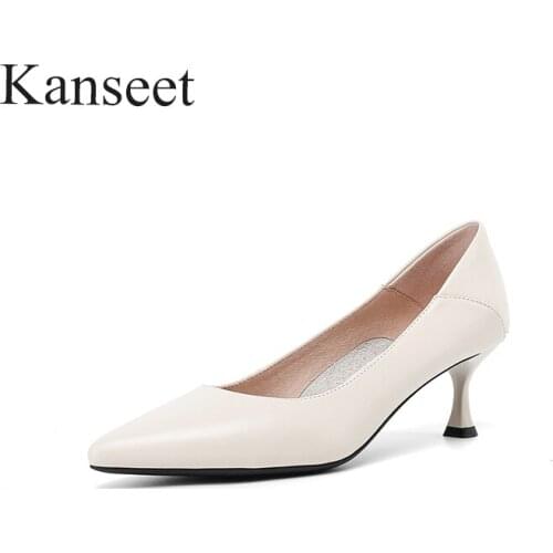 Kanseet 2021 Fashion Women Shoes Mid Heels Pumps Female Concise Design Soft Genuine Leather Thin Heels Pumps Party Dress Shoes